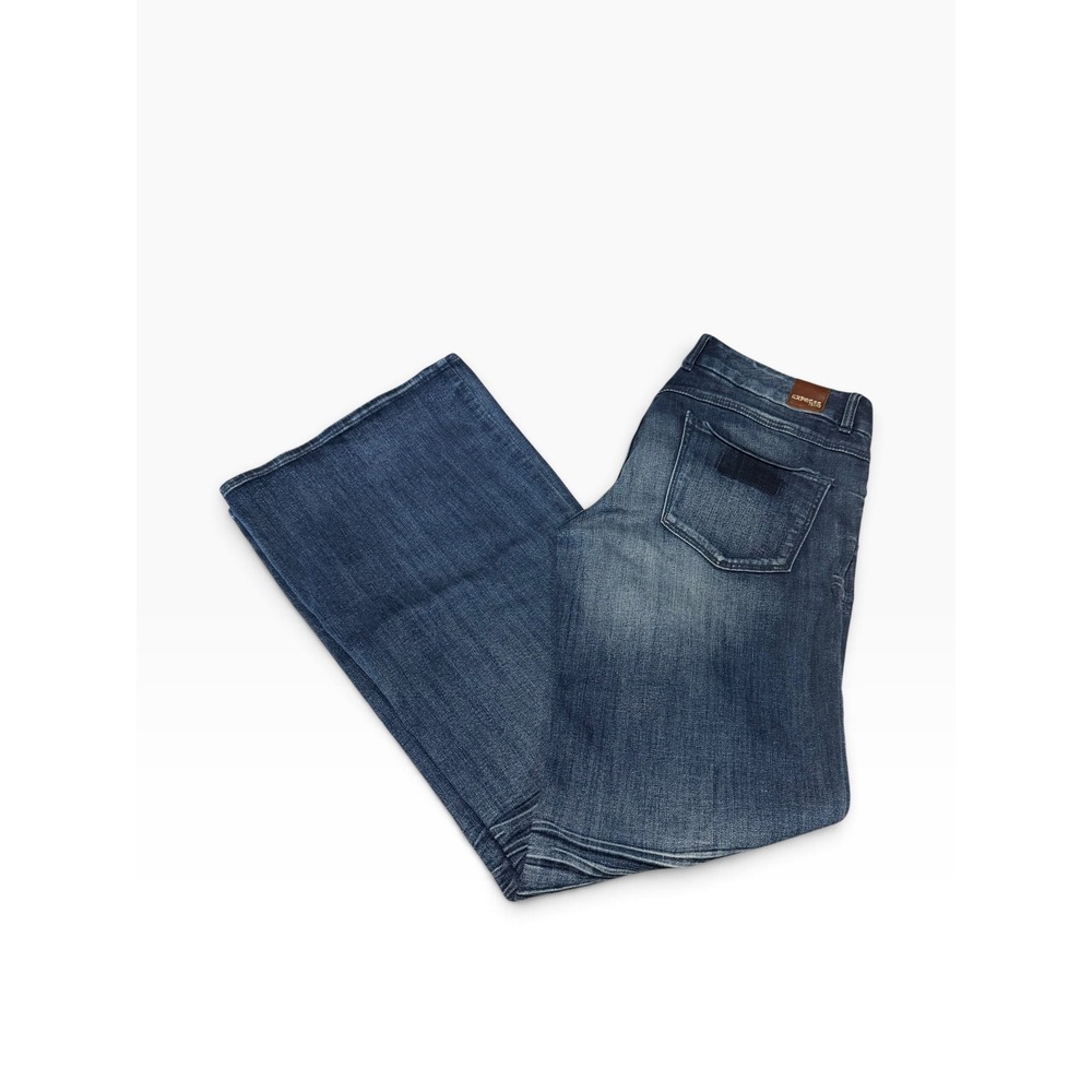 Express Jeans Womens Flare Leg Dark Wash Whiskered Denim Blue Gold Button 30x31